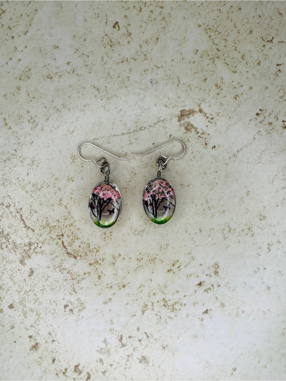 Pink Cherry Blossom Oval Drop Earrings with Silver Hooks